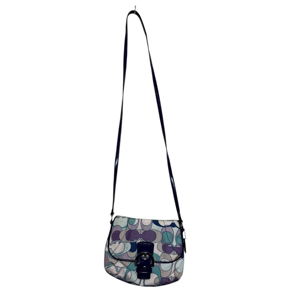 Coach Kyra Scarf Print Flap Crossbody Bag Purple Multicolor Patent Leather Trim